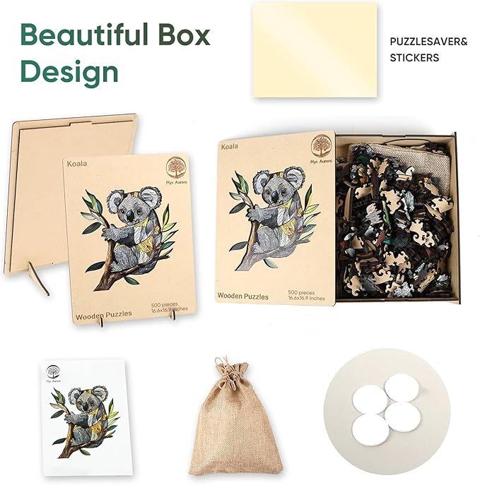 Wooden Puzzles for Adults, Koala Jigsaw Puzzles 500 Pieces, Unique Shaped Puzzle for Adults and Kids, Christmas Birthday Gift Family Game 16.6X 16.9 Inch