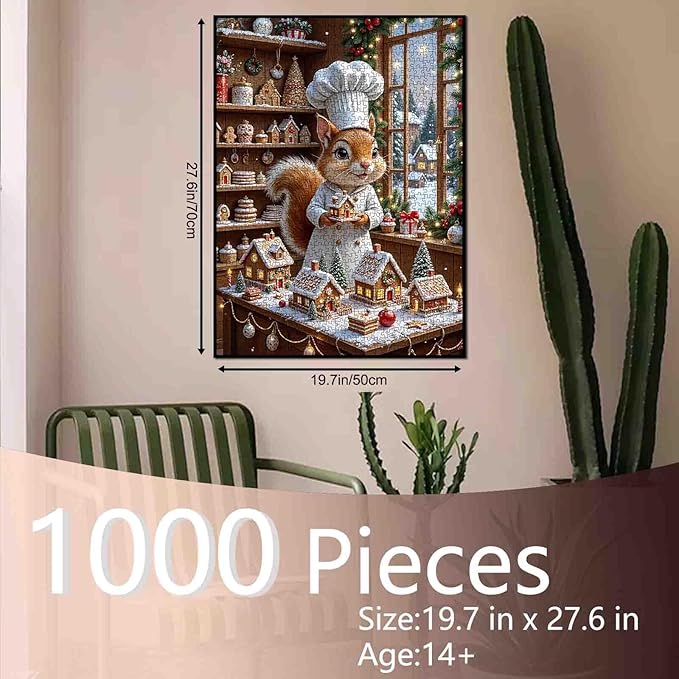 Merry Christmas 1000 Piece Jigsaw Puzzles for Adults Chef Squirrel Painting Jigsaw Puzzle 1000 Christmas Gingerbread House Puzzles 20''x27”inch Xmas Trees DIY Puzzle Art Wall Decor Family Challenging