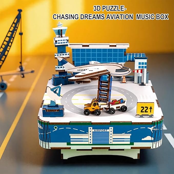 3D Wooden Puzzles Airport Model DIY Rotating Music Box Kit for Teen Boys and Girls-Birthday Gifts and Toys for Kids(Airport Model Music Box)