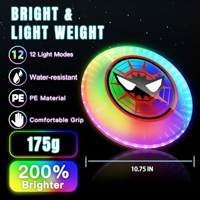 LED Flying Disc with Millions of Colors, 42 LEDs, 175g, 12 Lighting Modes, Rechargeable & Water-resistant, Outdoor Toys for Kids Ages 8-12 Teens Men Boys Adult Beach Toys Camping Lawn Yard Games