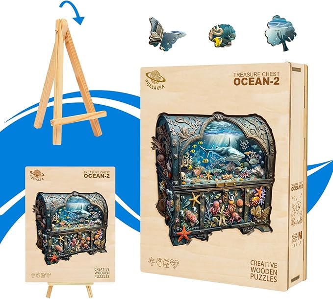 Wooden Puzzles for Adults - Treasure Chest Ocean Wooden Jigsaw Puzzle, Unique Shape Ocean Wood Puzzles Adult, Gifts for Family and Friends, Wall Art Home Decor (S-8.5 * 8.3in- 100 Pieces)