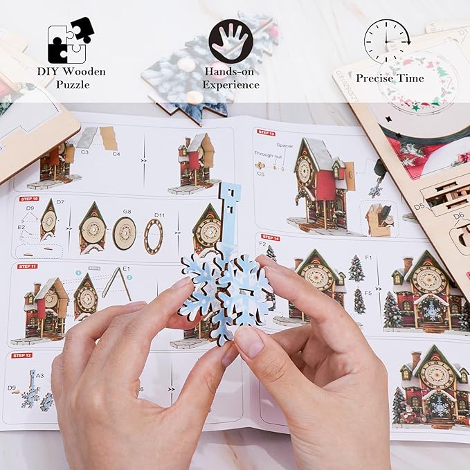 3D Puzzles for Adults Clock-Christmas House Design Model Kit-Mechanical DIY Pendulum Clock with Roman Numerals-Desk Home Office Decor Personalized Gift for DIY Lovers