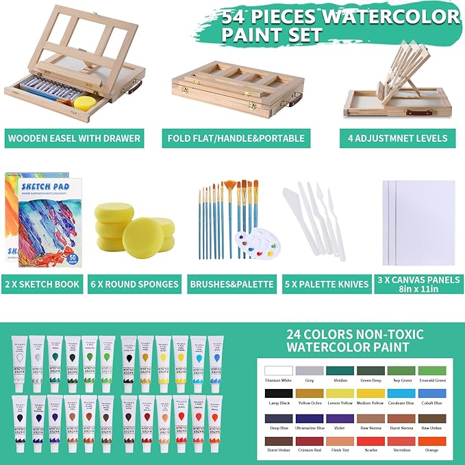 54 Pieces Watercolor Paint Set with Tabletop Easel Stand, Complete Starter Painting Art Supplies with Watercolor Paints, Canvases, Sketch Pads, Brushes and Palette for Adults Teens Kids Beginners