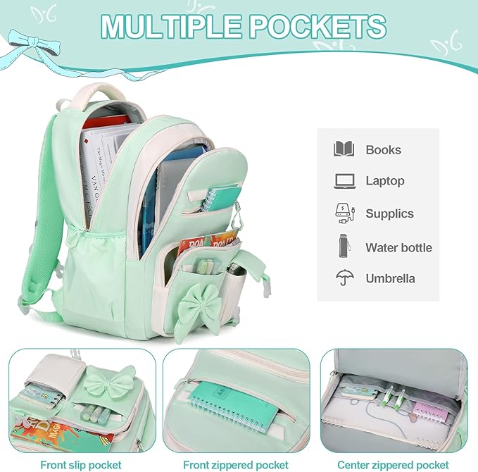 Backpack for Girls, 3PCS Girls Backpack for School with Lunch Bag Pencil Case, Cute Kids Teens Bookbag for Kindergarten Elementary Preschool Middle School (Green)