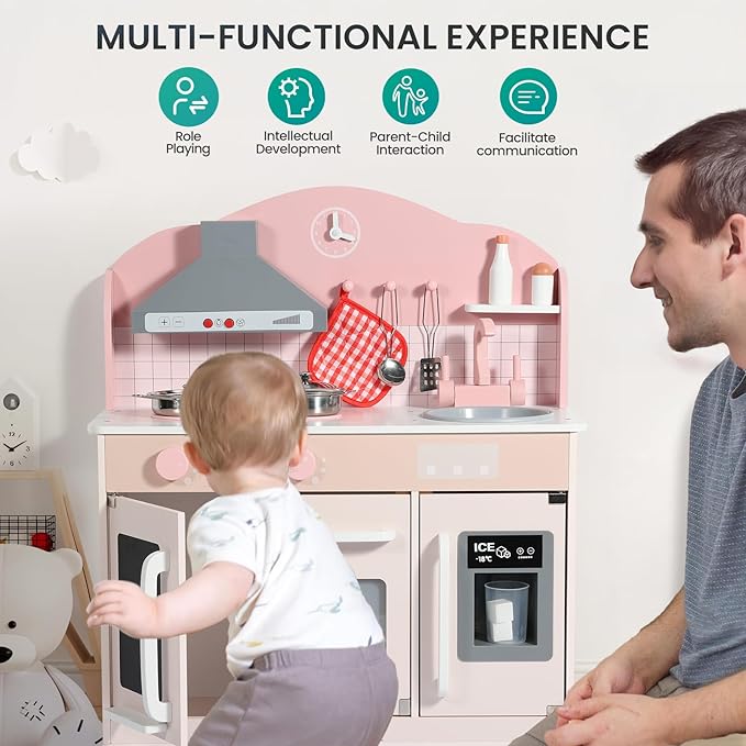 Bluewood Wooden Kids Kitchen Playset,Pretend Toy Kitchen for Toddlers Ages 1-3, with Lights, Sound, Oven, Ice Maker, Sink & Storage – Montessori Indoor Role Play Gift