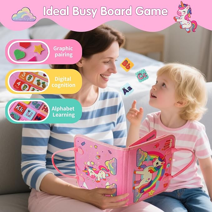Busy Board-Montessori Toys for Toddlers,Sensory Toys for Girls,Learning Education Travel Toys for Toddlers,Activity Board Busy Book for Kids Birthday Gift (Pink)