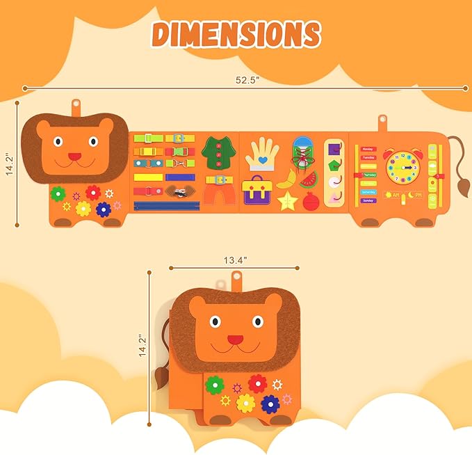 Lion Montessori Busy Board - Sensory Wall Panel for Kids, Felt Activity Cube for Toddlers, Daycare Toys and Playroom Furniture Essentials, Wall Mounted Sensory Board Toy Gift for Boys Girls, 3-6