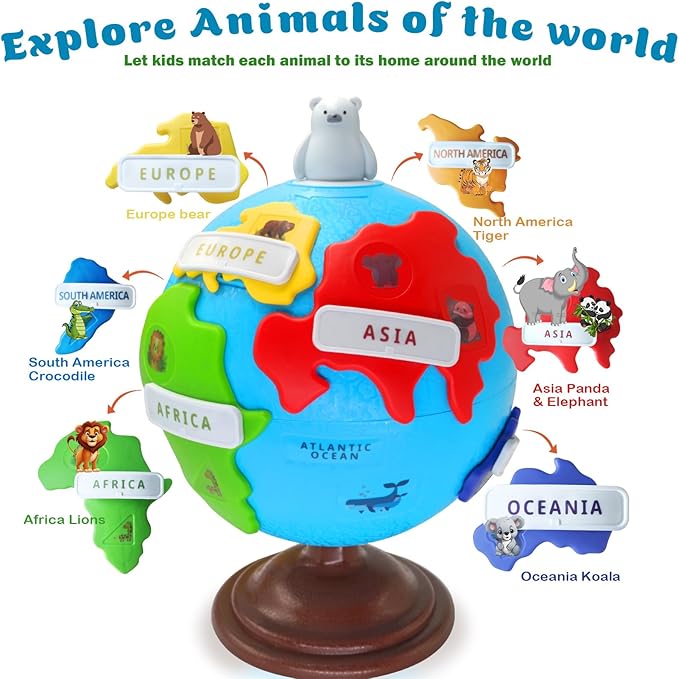 Spinning Globe for Children–Interactive Geography Learning Toy for Kid 3+, 8" Educational Puzzle Globe with 6 Continent & 12 Animial | STEM Geography Game for Kids 4-8, Preschool Birthday Gift
