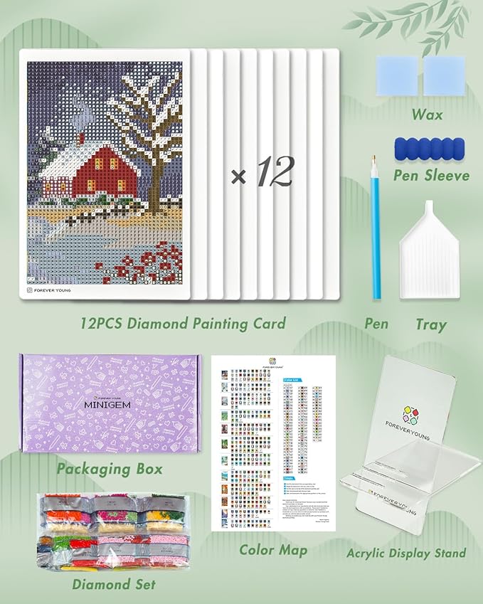 Foreveryoung Minigem Small Diamond Art Kits for Beginners, 12Pcs Square Drill Diamond Painting Kits for Adults 3-Hour Painting, Postcard-Style Mini Diamond Art Kits for Adults 5x7 Inch (Twelve Months)