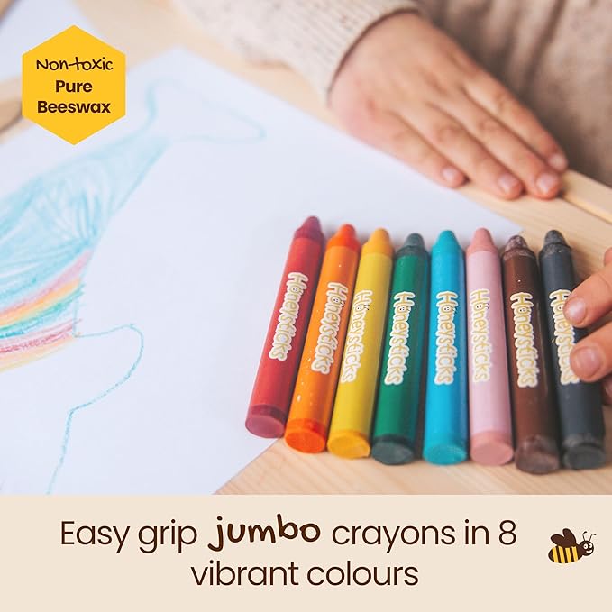 Honeysticks Kids Activity Set - 6 Large Stencils for Kids Plus Jumbo Non-Toxic Beeswax Crayons (8pk), Perfect First Stencils for Toddlers Preschool Art, Drawing and Coloring, Ideal Gifts for 3-5
