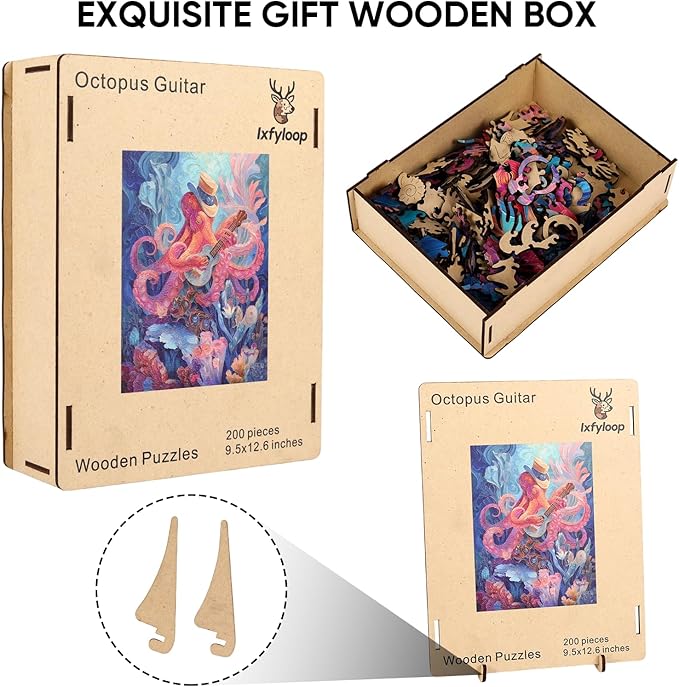 Wooden Puzzles for Adults, Octopus Guitar Jigsaw Puzzles, 200 Pieces Unique Design Adult Puzzles, Family Brain Game Gift, 9.4x12.5 inch