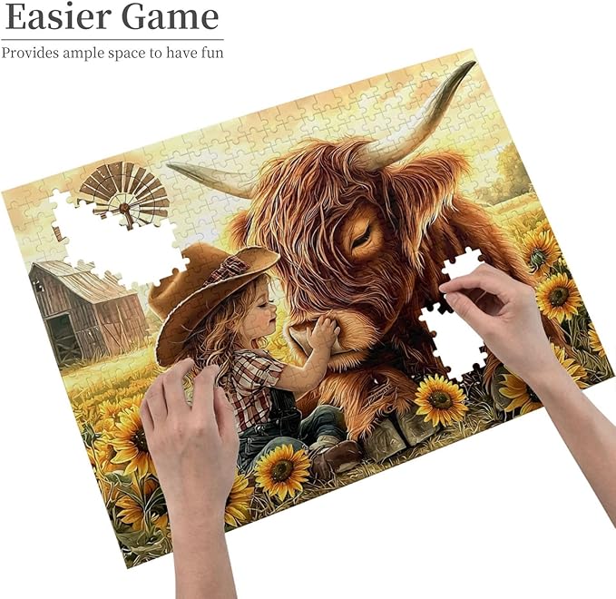 Cute Girl Highland Cattle Jigsaw Puzzle 500 Piece, Sunflower Jigsaw Puzzles,Flowers Puzzle Nature Animal Flower Painting Jigsaw Puzzles 500 Piece,Birthday Gifts for Adults and Family Game