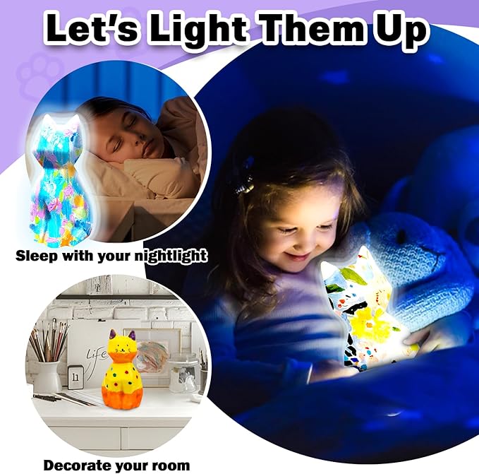 FUNZBO 2pcs Paint Your Own Cat Lamp - Arts and Crafts Supplies Kitten Painting Kits for Kids Teens Adults, DIY Night Light Toy for Toddlers Girls Boys Ages 3 4 5 6 7 8 9 10 11 12 13 + Birthday Gifts