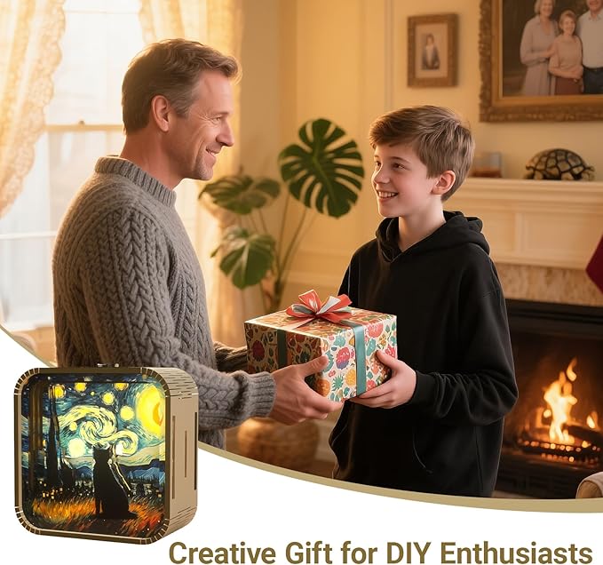 3D Wooden Puzzle Night Light,DIY Craft for Adults with Touch Night Light, Chrismas, New Year, for Teen, Desk Decor for DIY Puzzle Lovers, Men and Women (Van Gogh's Cat)