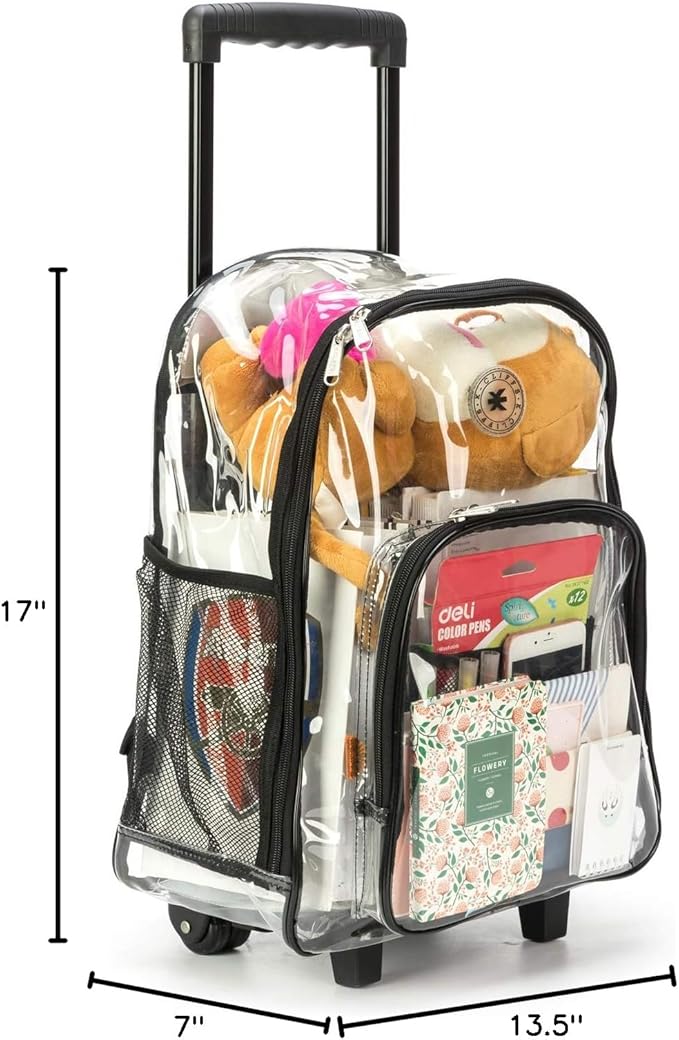 K-Cliffs Rolling Clear Backpack Heavy Duty Bookbag Quality See Through Workbag Travel Daypack Transparent School Book Bags w/Wheels Black