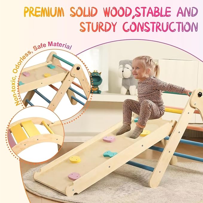 Pikler Triangle Set with Cushion, 7 in 1 Toddler Climbing Toys Indoor, Montessori Foldable Climbing Set, Wooden Climbing Toys for Toddlers 1-3 Inside with Ramp, Arch and Ladder (Rainbow)