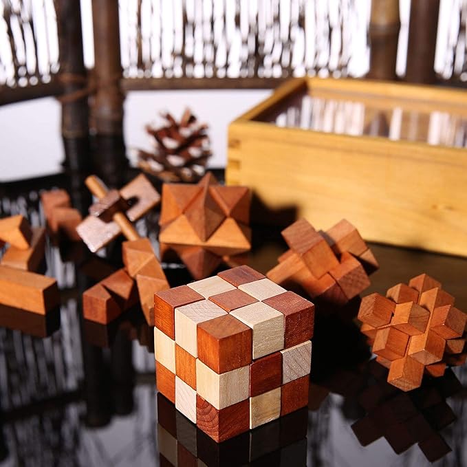 VolksRose 6pcs Wooden Brain Teaser Puzzles, IQ Challenge Puzzle Games, Logic Smart Mind Puzzle Box Lock Toy Removing Assembling 3D Small Puzzle Gift Set for Adults Teenagers Kids, 1.8inch 4.5cm