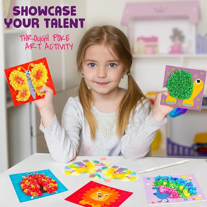 Yrinfay Poke Arts and Crafts kit for Kids, DIY 8 Animals Like Lion, Owl, Peafowl, Ladybug, Mess Free Sewing Art Toys for Girl 6-8 8-12, Gifts for Boys & Girls Ages 6 7 8 9 10 11 12 Years Old