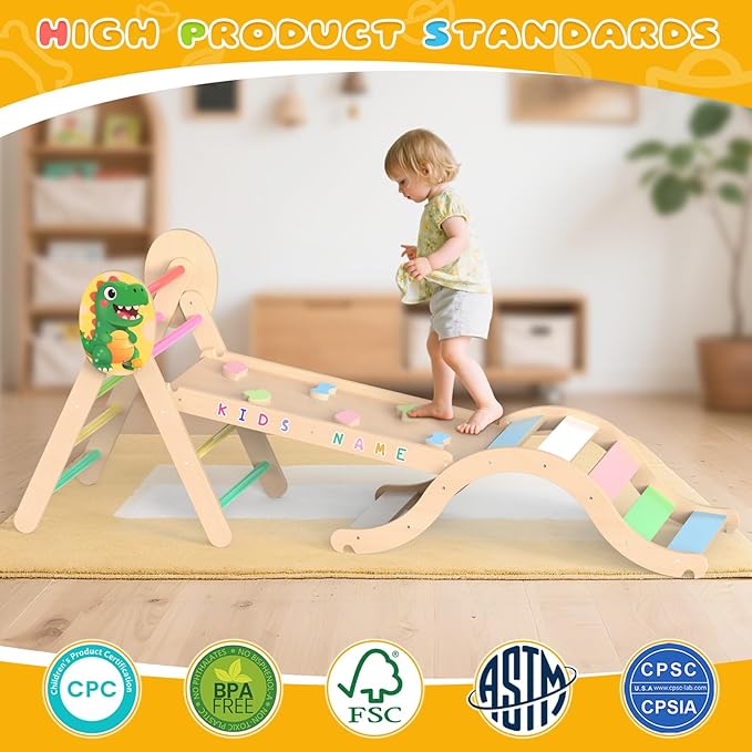 Acenova Pikler Triangle Climbing Set with Cushion and DIY Name Stickers, Montessori Wooden Climbing Gym for Toddlers 1-3, Indoor Jungle Gym, Dinosaur Pikler Triangle Arch Ramp Climber Toy