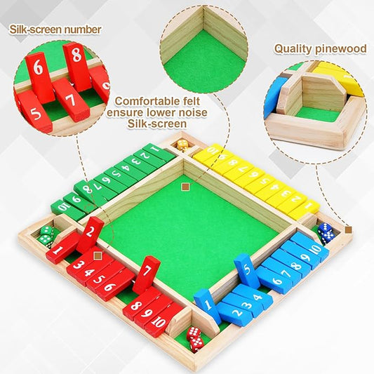 1-4 Players 12IN Large Shut The Box Dice Game, 10 Numbers Traditional Wooden Pub Bar Board Family Table Mat Game Dice for Kids and Adults