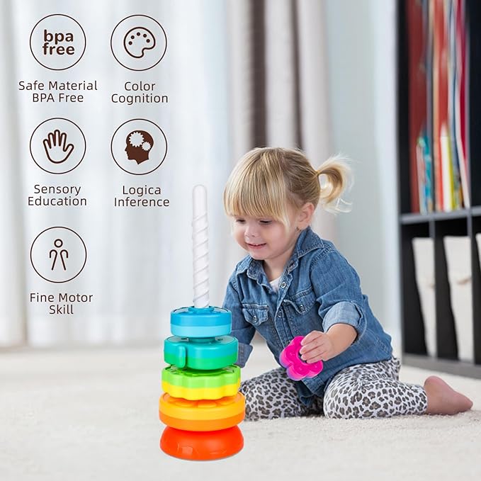 Educational Baby Spinning Stacking Toy, Stacking Rings Baby Toy, Montessori Learning Toys for Toddlers, Fine Motor and Sensory Toys for Kids, Gift for Baby Girls Boys Age 12+ Months
