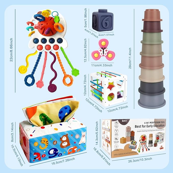 6 in 1 Montessori Toys for Babies 6-12 Months Up - Incl Pull String Toy, Stacking Cups, Tissue Box, Suction Cup Spinner, Stacking Blocks,Activity Cube, Baby Toys for 1 2 3 Year Old