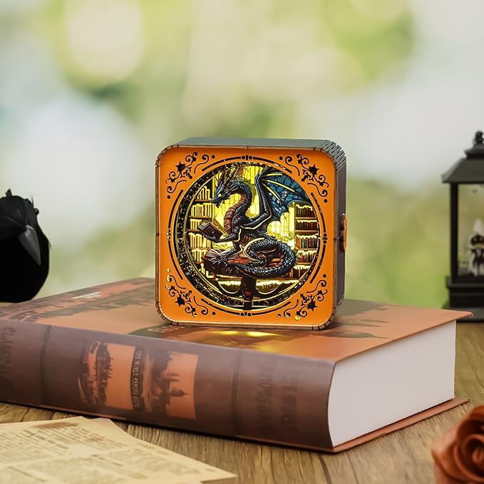 3D Puzzle Nightlight-DIY LED Light 3D Dragon Library Wooden Jigsaw Puzzle-Art Lamp and Craft Kits for Adults-Birthday Gifts Toys-Home Desk Decor Family Game