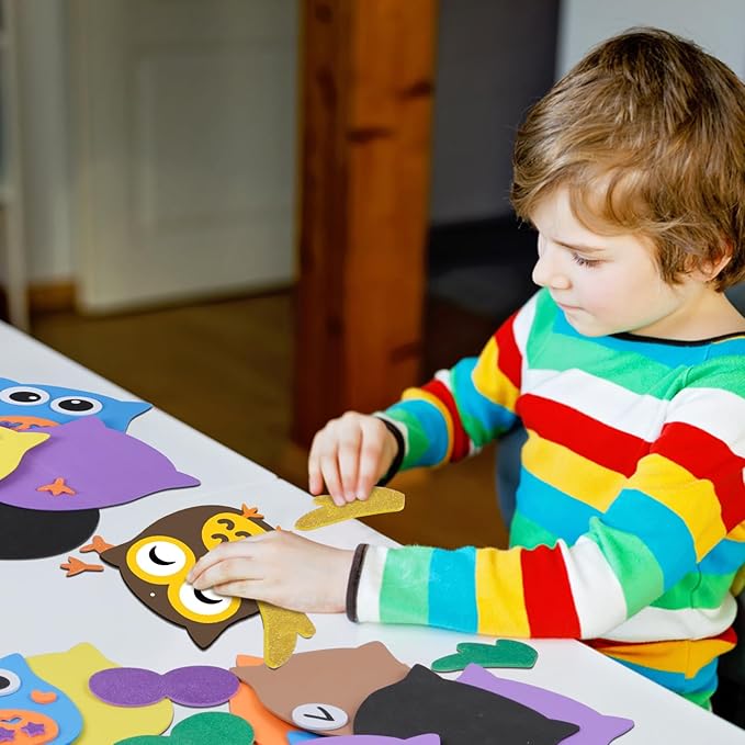 Fennoral 12 Pack Fall Craft for Kids Owl Craft Kits Make Your Own Owl Foam Stickers DIY Arts and Crafts for Boys Girls Art Activities Party Supply Autumn Thanksgiving Decoration