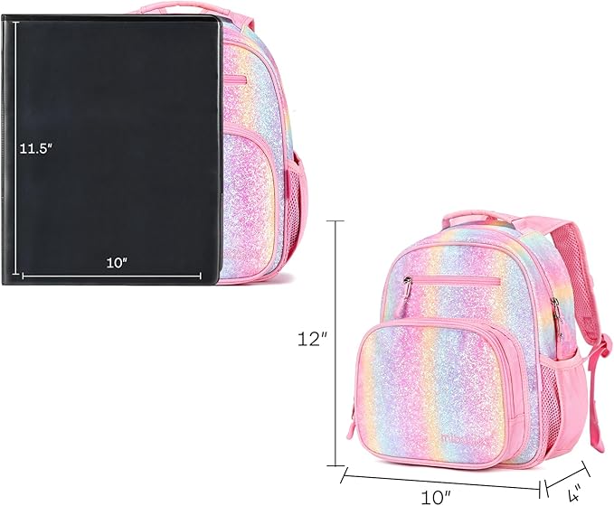 mibasies Toddler Backpack for Girls 2-4: Glitter Kids Backpacks for Girls - Preschool Kindergarten Backpack - Rainbow Pink