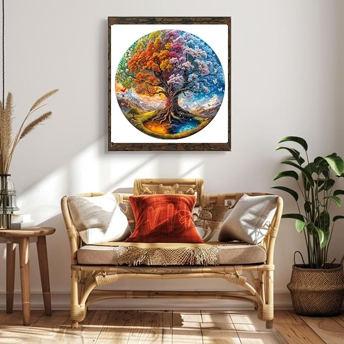 Wooden Puzzles Adults, Seasonal Tree of Life Wooden Puzzles 300 Pieces, Unique Animal Shaped Wood Challenging Jigsaw Puzzles for Adults, 13.4x13.4in