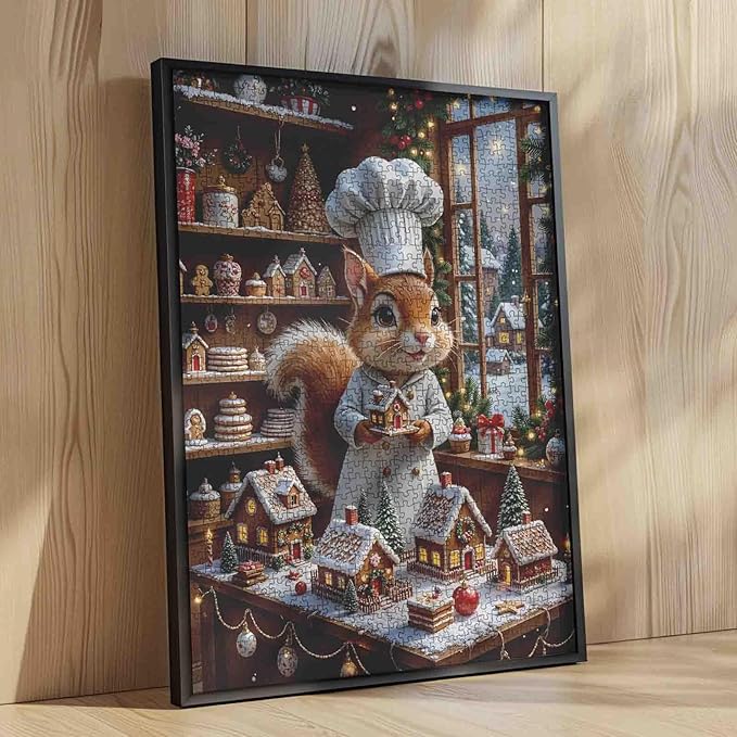 Merry Christmas 1000 Piece Jigsaw Puzzles for Adults Chef Squirrel Painting Jigsaw Puzzle 1000 Christmas Gingerbread House Puzzles 20''x27”inch Xmas Trees DIY Puzzle Art Wall Decor Family Challenging