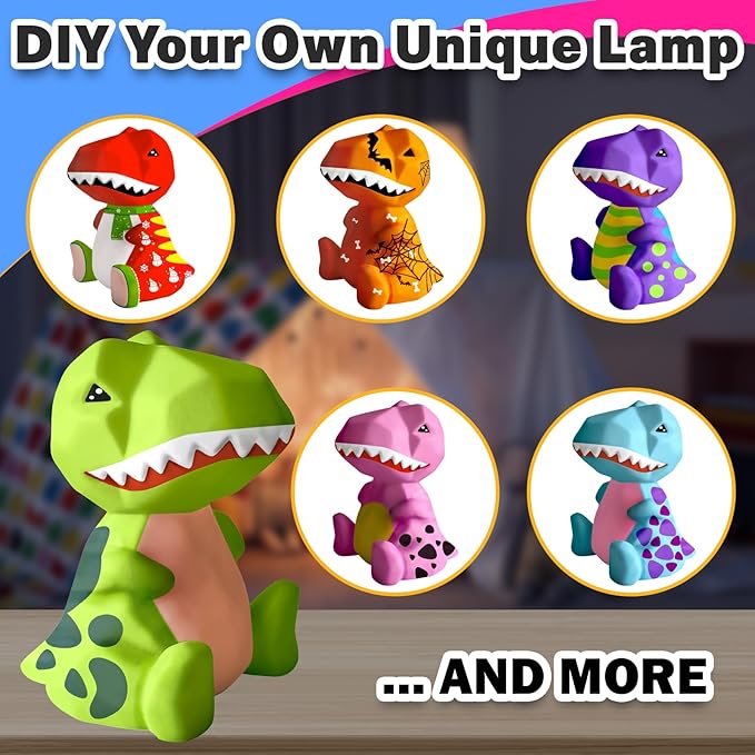 FUNZBO 4.3in Paint Your Own Dinosaur Lamp Kit - Arts and Crafts Supplies Painting Kit for Kids Teens, DIY Night Light Dinosaur Toys for Toddlers Boys Girls Age 3 4 5 6 7 8 9 10 11 12 13 Birthday Gifts