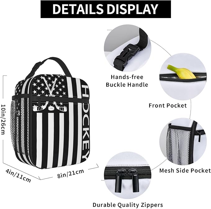 Hockey Flag Lunch Bag for Women Men Adults, Insulated Lunch Box for Work, Sports, Travel, Picnic,Hiking, Fishing, Ice Hockey Theme Lunchbox Gifts