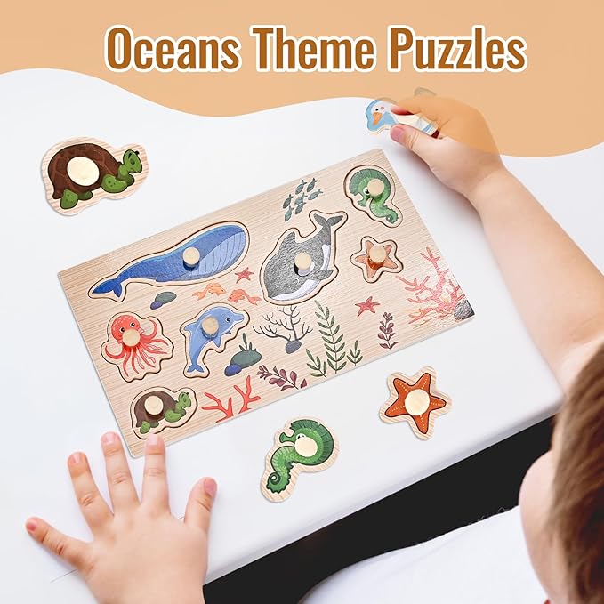 Wooden Peg Puzzles for Toddlers 1-3, 2 Pcs Montessori Educational Learning Puzzle Toy Sets - Animal & Sea Themes Puzzles, Great Preschool Gifts for Girls and Boys (6.29 * 11.61in)