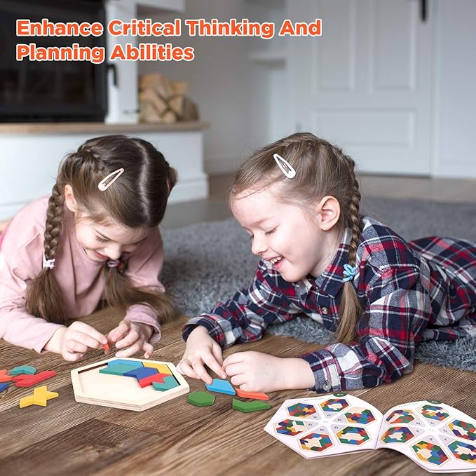 Vanmor Wooden Geometric Tangram Puzzle Blocks - 3D Logic IQ Brain Teaser Jigsaw | Montessori STEM Educational Toy with 60 Challenges for All Ages