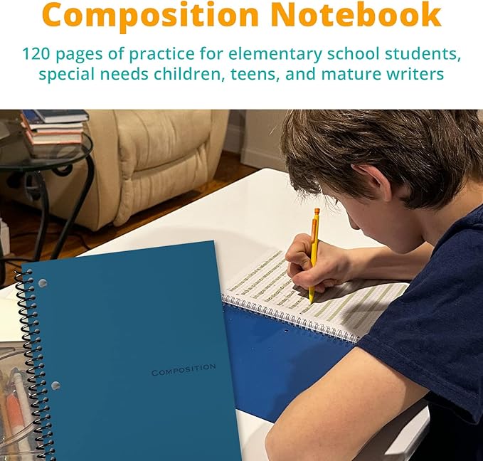 Channie's Youth Composition Notebook, Homework & Improvement Journal for Kids, Older Learners, & Special Needs Students, with Color-Coded Blocks for Handwriting Practice, Blue