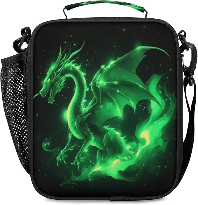 Green Dragon Lunchbox Boys Insulated Lunch Bag Reusable Portable Lunch box with Adjustable Shoulder Strap and Water Bottle Holder for Work School Travel