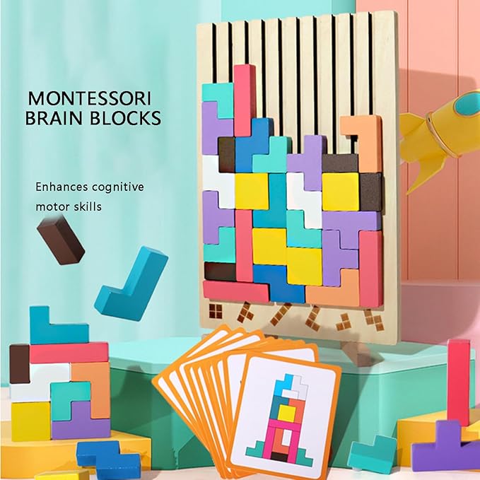 Montessori Brain Blocks, Colored 3D Wooden Russian Puzzle, Develops Logic & Spatial Reasoning, Wooden Stacking Puzzle Giant Board Game, Open-Ended Play Thinking for Boys and Girls (A)