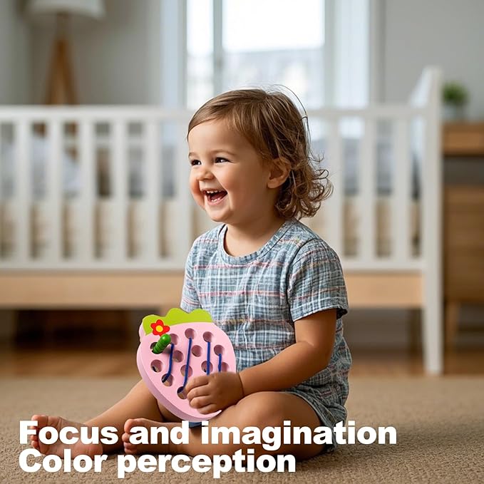 Wooden Lacing Toys for Toddlers, Baby Toys Strawberry Threading Learning Fine Motor Skills,Montessori Sensory Educational Wooden Block Puzzle Travel Gift for 3 Years Old Baby Boys Girls