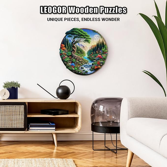 LEOGOR Wooden Jigsaw Puzzles for Adults (11.5 × 11.2 in), 200 Piece Round Landscape Puzzle, Extra-Thick 5 mm Wood, Unique Nature Shapes, Beautiful and Challenging Gift for Adults