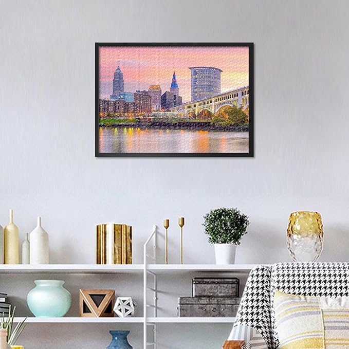 Puzzles for Adults 1000 Pieces Cleveland Skyline Challenging Jigsaw Puzzles for Adults, 27.5x19.7 Inch Ohio Cityscape Puzzle Game for Women Home Decoration Birthday Gift