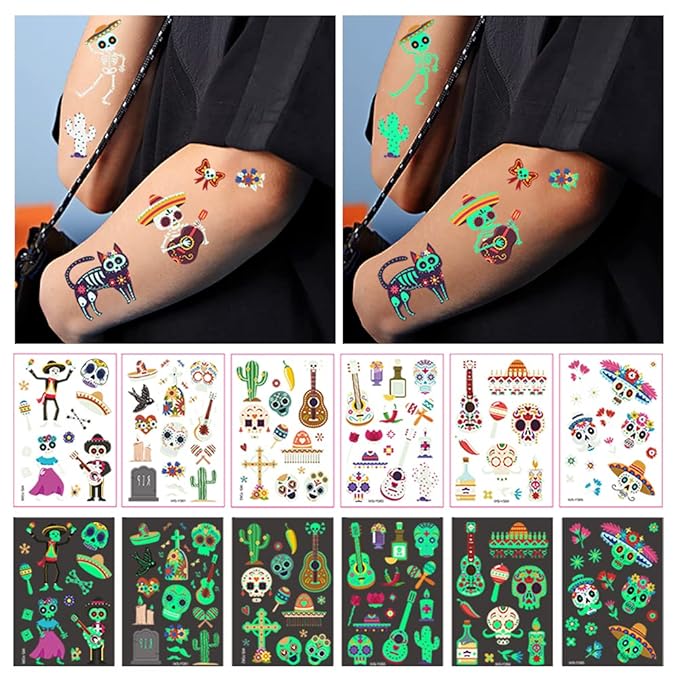 Day of the Dead Luminous Temporary Tattoos for Kids - 100 Pieces Glow In The Dark Tattoos Stickers for Boys and Girls,Sugar,Skeletons,Gemstones,Red Roses Face Makeup Tattoos Set,Holiday Party Gifts
