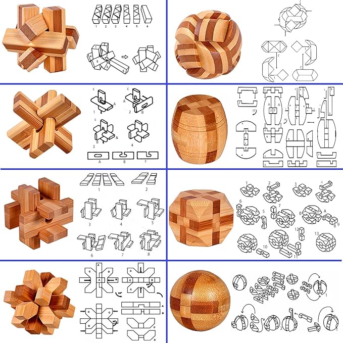 18 Pack Wooden Brain Teaser Puzzles Stress Relief Toys Wooden Burr Puzzles Brain Teaser Puzzle with Gift Packing Box Magic Puzzle Games Toy for Kids and Adults by AHYUAN (Bamboo)
