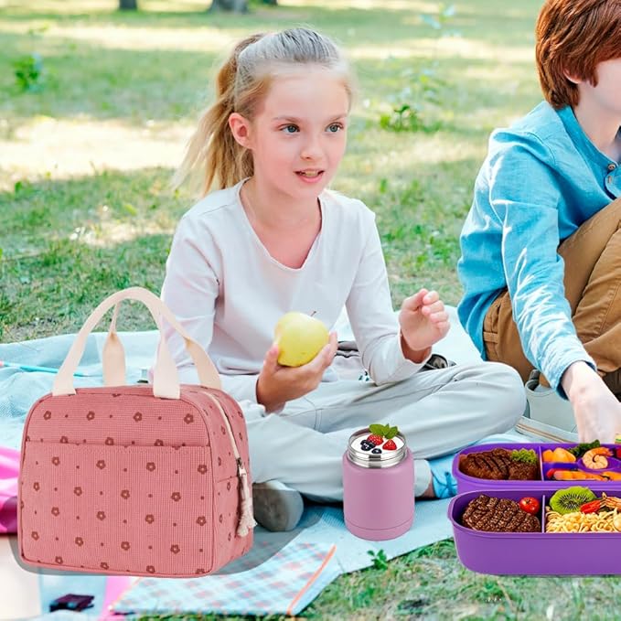 Lunch Box for Women, Reusable Insulated Lunch Box Floral Tote Bags Corduroy Totes for Women Office Work Travel Picnic