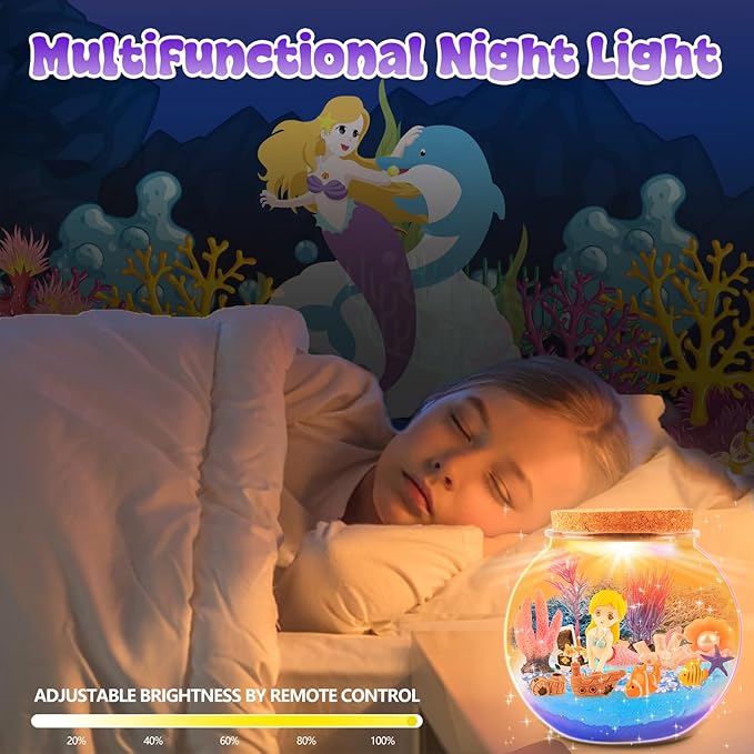 MYDOVA Mermaid Terrarium Craft Kit for Kids Girls - LED Night Light Up & Remote Mermaid Birthday Gifts Toys for Girls Age 6 7 8 9 10 11 12 Year Old Best Birthday DIY Arts and Crafts Kits
