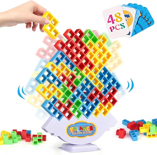 48 Pcs Tetra Tower Game,Family Board for 2 Players Family Games, Building Blocks Stacking Balance Games Toys for Kids, Adults, Friends, Classroom, Family and Travel Party