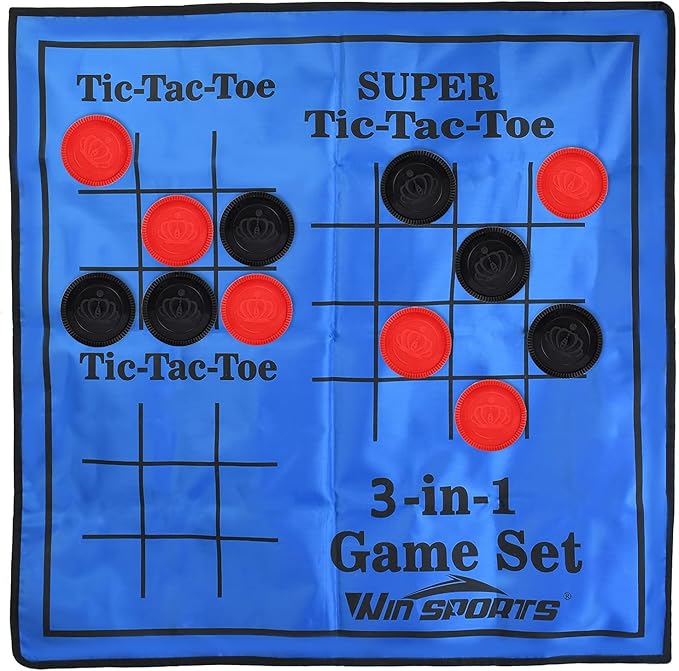 3 in 1 Giant Checkers Game Set,Super Tic Tac Toe,Including Reversible Rug with 24 Checkers,Indoor and Outdoor Activity for Kids or Adults,Board Game,Yard Game