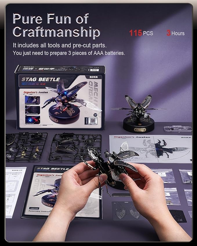 ROKR 3D Puzzles for Adults Electric Insect Metal Model Building Kit Desk Toys Hobby Kit for Adults Gift for Teens (Stag Beetle)