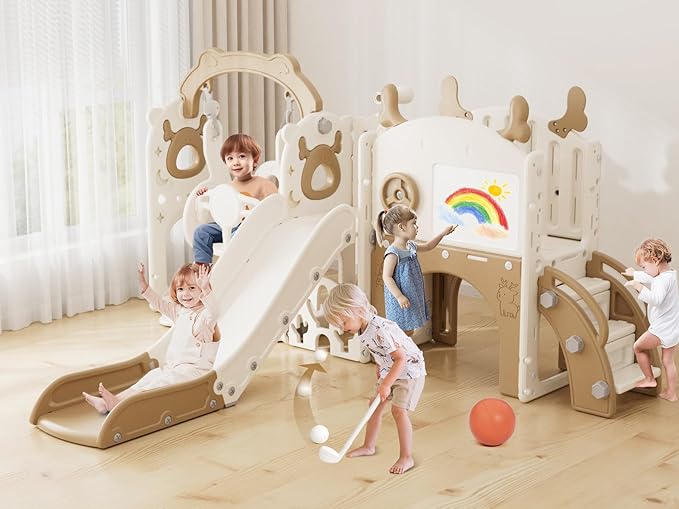 XJD 13-in-1 Toddler Slide and Swing Set, Kids Slide for Toddlers Age 1+, Toddler Outdoor Playset New Upgrade with Golf Set, Basketball Hoop, Drawing Board for Playground (Brown White)