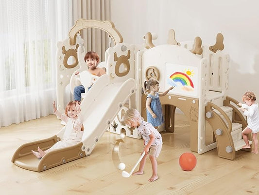 XJD 13-in-1 Toddler Slide and Swing Set, Kids Slide for Toddlers Age 1+, Toddler Outdoor Playset New Upgrade with Golf Set, Basketball Hoop, Drawing Board for Playground (Brown White)